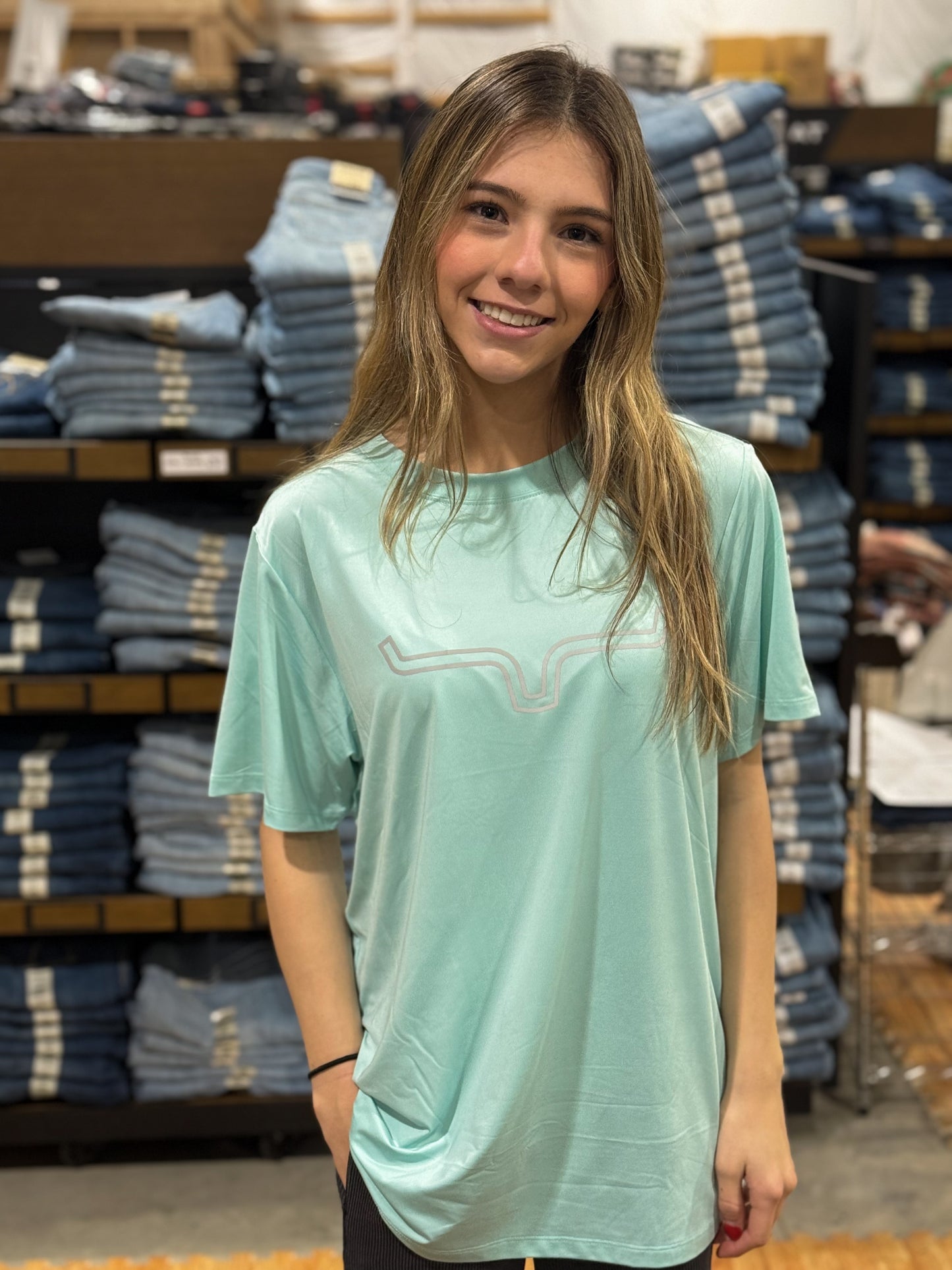 Kimes Ranch - Ladies Outlier Tech Tee - Light Blue