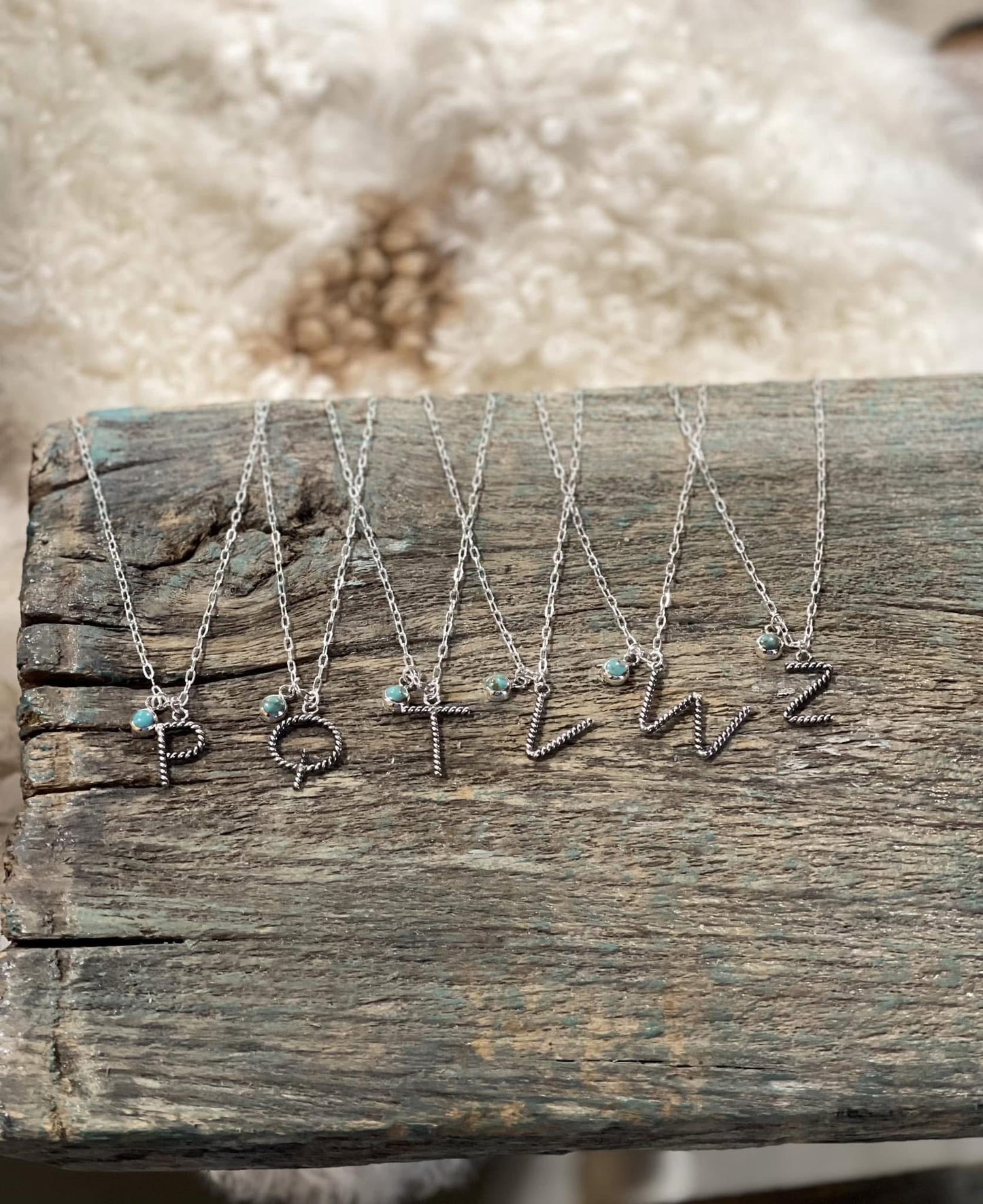 Cable Letter Initial Necklace with Turquoise Stone