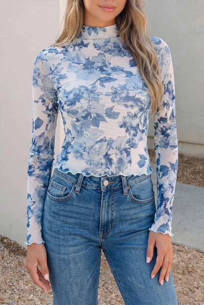 Floral Print Sheer Mesh Stand Collar Top: Sky Blue / XL