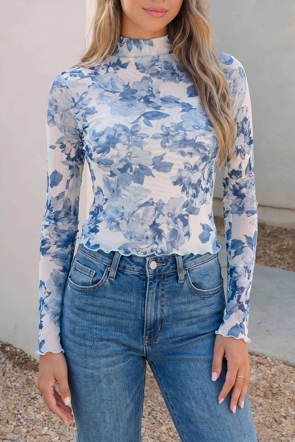 Floral Print Sheer Mesh Stand Collar Top: Sky Blue / L