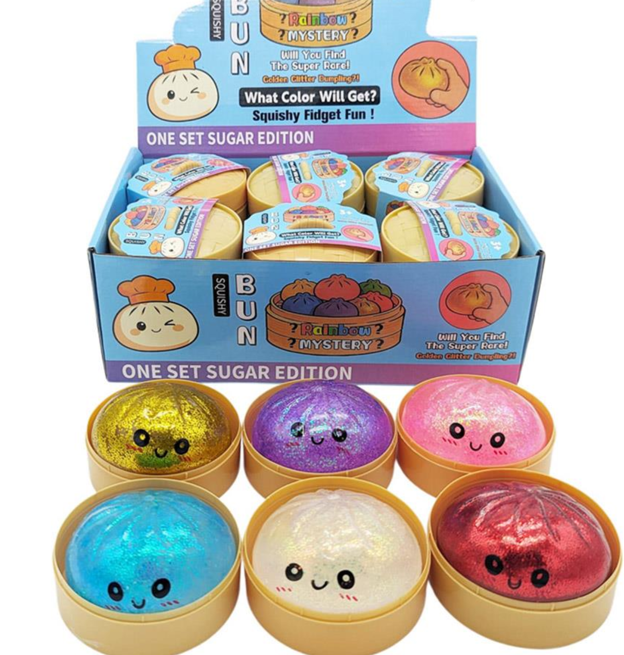 Dumpling Mystery Box Dumpling Squishy Large with steamer box: Glitter