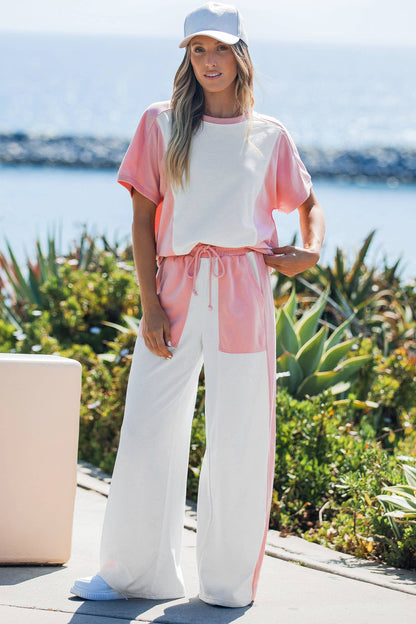 Two-tone Color Block Patchwork Tee Drawstring Loose Pant Set: White / M