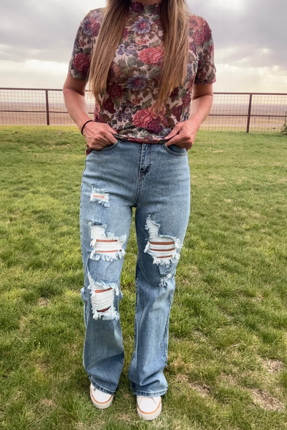 Vintage Floral Short Sleeve Mesh Top: L