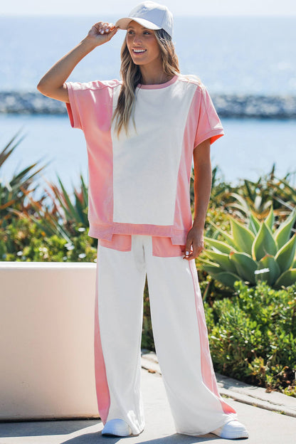 Two-tone Color Block Patchwork Tee Drawstring Loose Pant Set: White / M