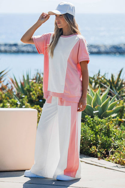 Two-tone Color Block Patchwork Tee Drawstring Loose Pant Set: White / M