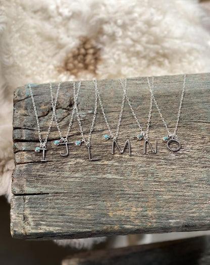 Cable Letter Initial Necklace with Turquoise Stone