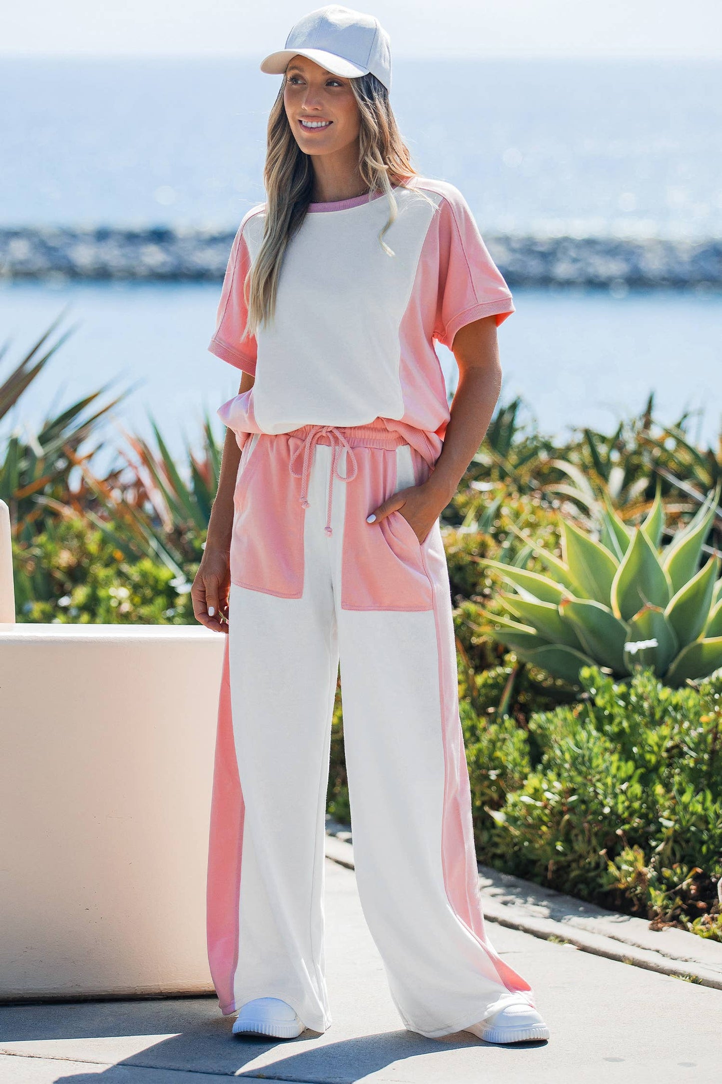 Two-tone Color Block Patchwork Tee Drawstring Loose Pant Set: White / M