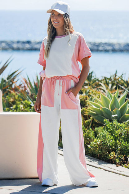 Two-tone Color Block Patchwork Tee Drawstring Loose Pant Set: White / M