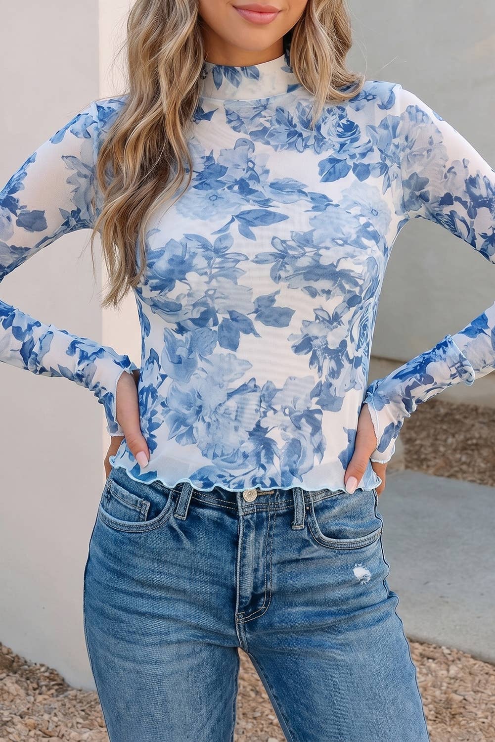 Floral Print Sheer Mesh Stand Collar Top: Sky Blue / S