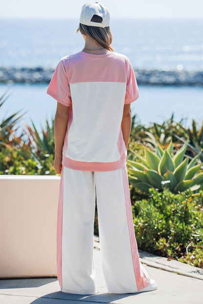 Two-tone Color Block Patchwork Tee Drawstring Loose Pant Set: White / M