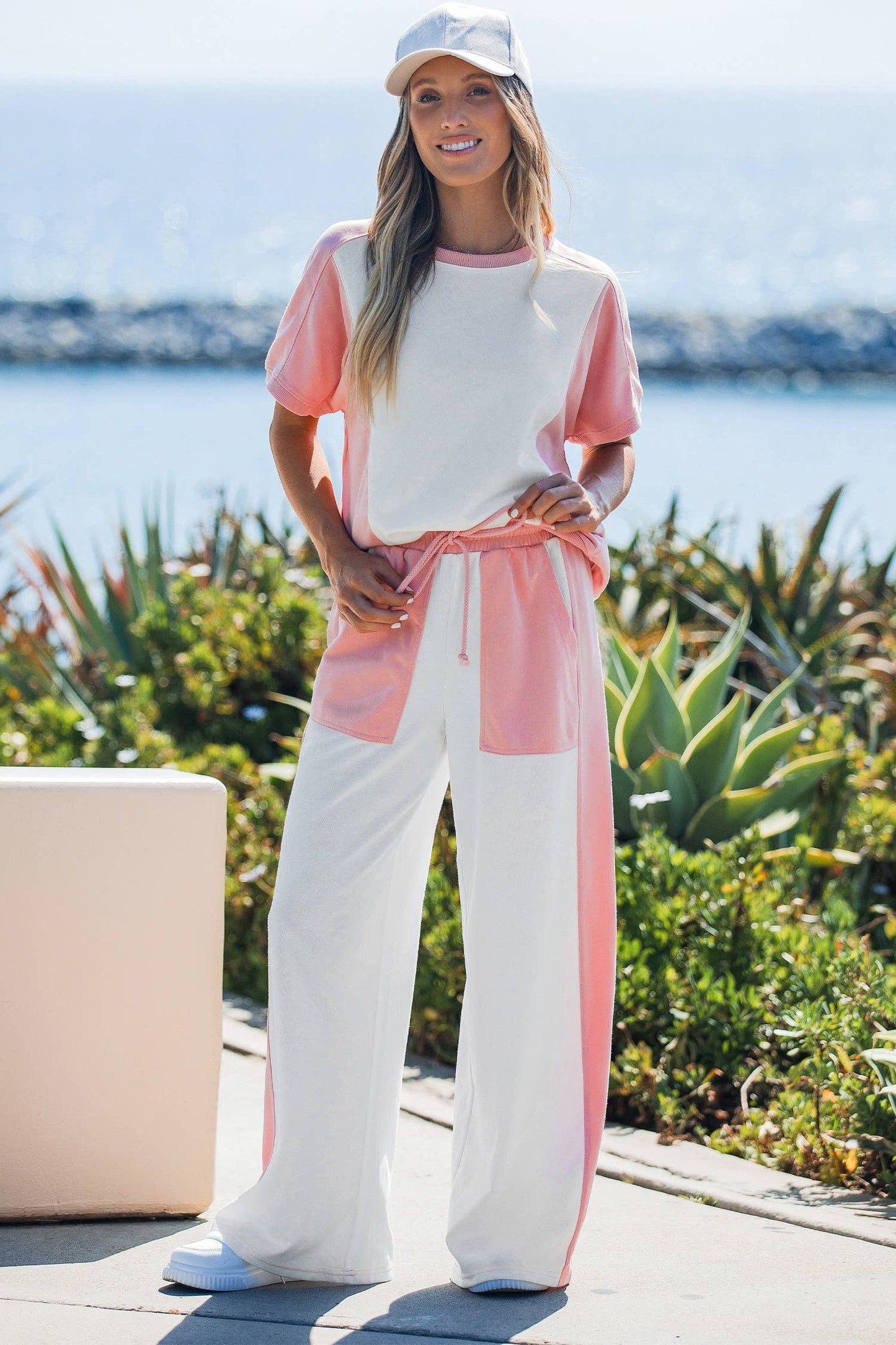 Two-tone Color Block Patchwork Tee Drawstring Loose Pant Set: White / M