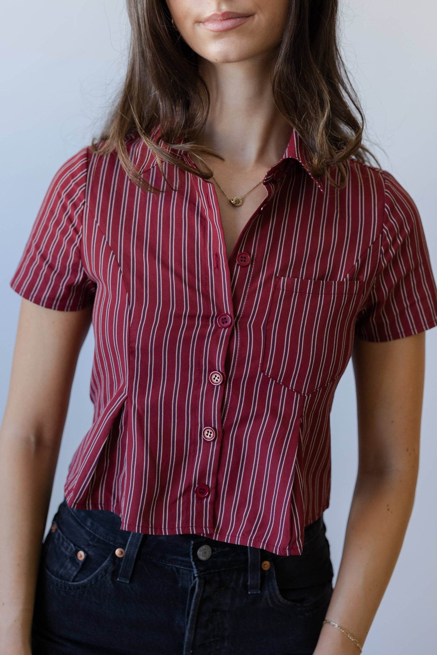 Striped Button Up Top: Red Stripe / Large