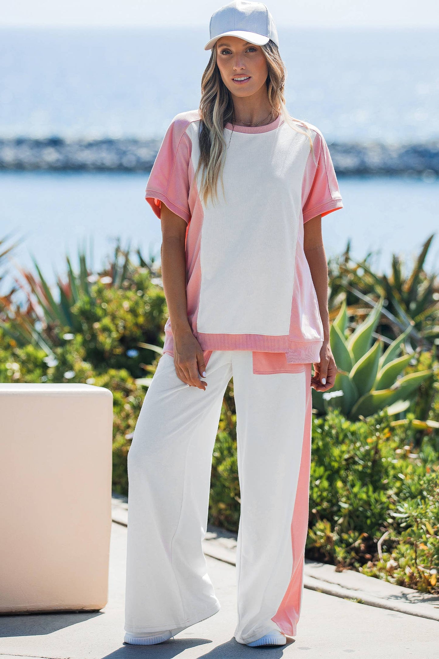 Two-tone Color Block Patchwork Tee Drawstring Loose Pant Set: White / M