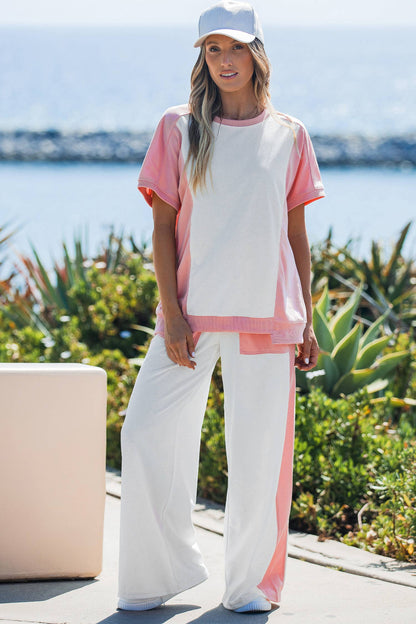 Two-tone Color Block Patchwork Tee Drawstring Loose Pant Set: White / M