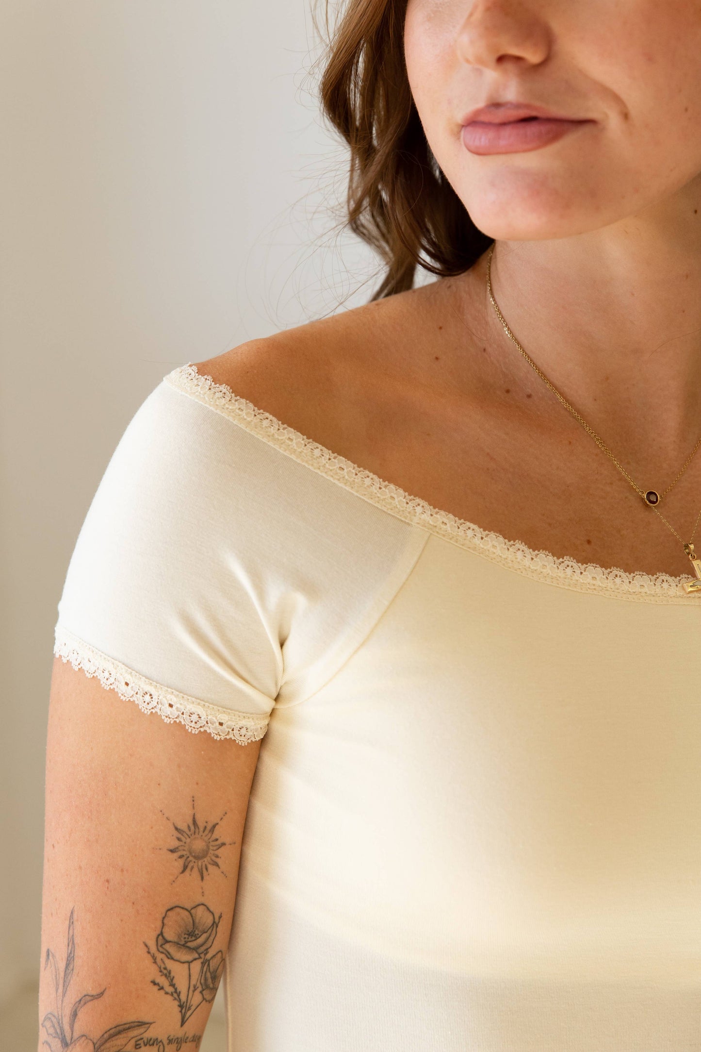 Lace Trim Off Shoulder Top: Butter / Small